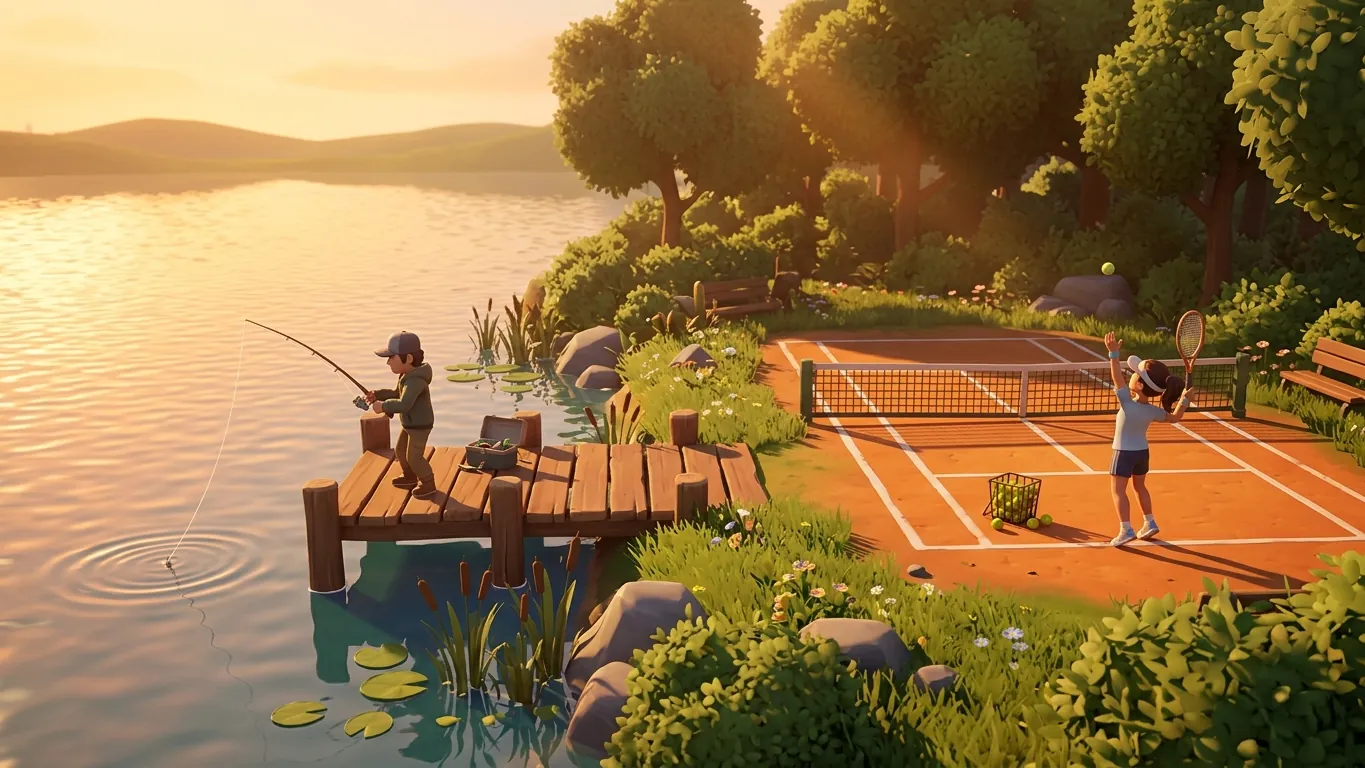 Stylized scene of a lakeside dock beside a tennis court with two characters at golden hour