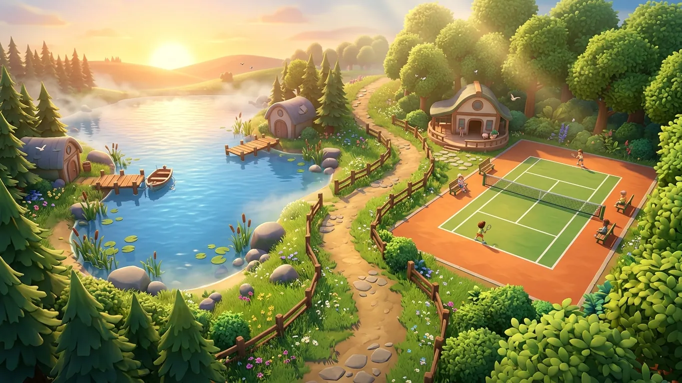 Stylized game landscape with a lake and dock on one side and a tennis court on the other