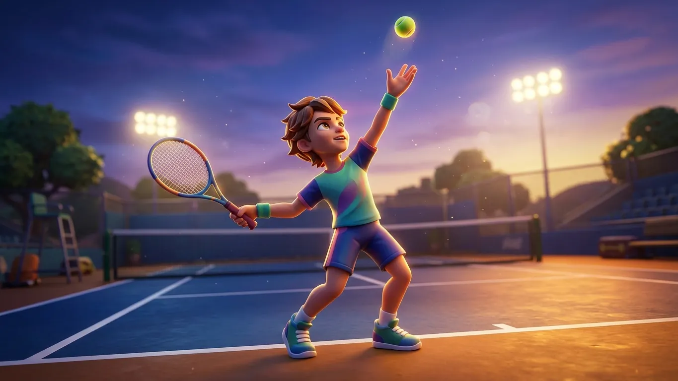 Stylized tennis player tossing the ball for a serve on a hard court at dusk