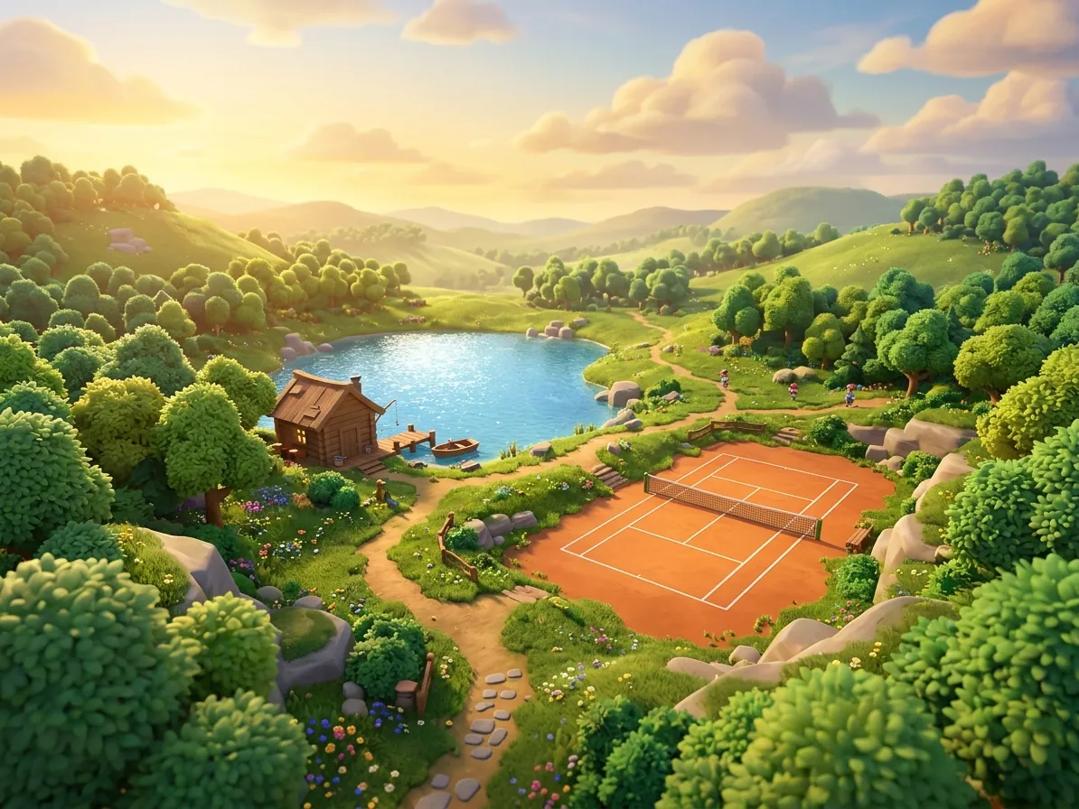 Stylized valley with a lake, a fishing cabin and a tennis court among green hills