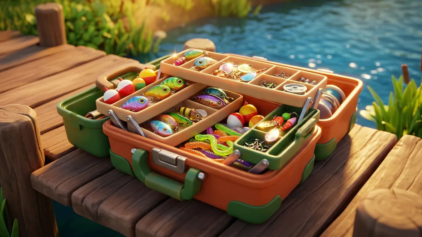 Open tackle box with colourful stylized lures on a wooden dock
