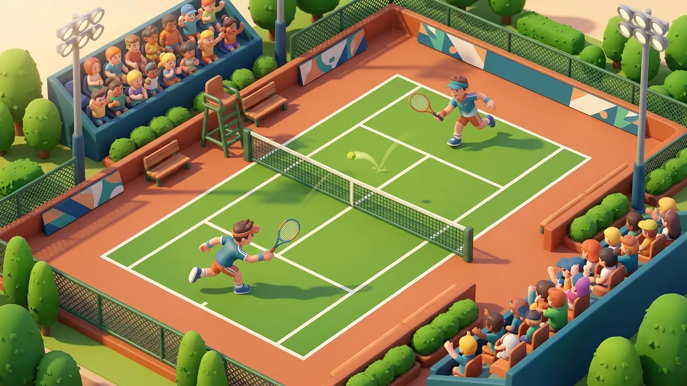 Isometric view of a tennis court with two stylized players in a rally
