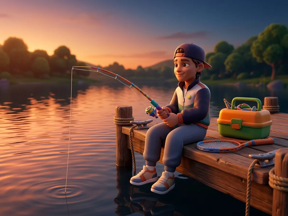 Stylized character on a dock at dusk with a fishing rod and a tennis racket nearby