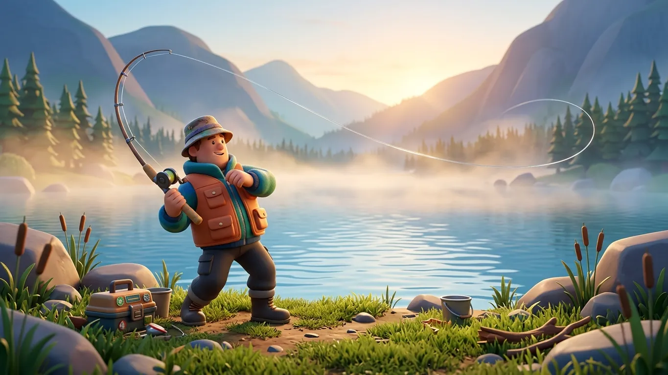 Stylized angler casting a line over a misty mountain lake at dawn