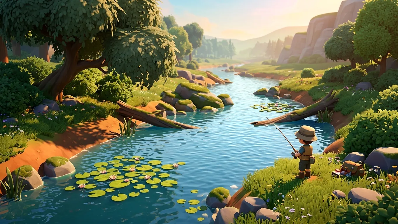 Stylized river scene with rocks, logs and lily pads and an angler watching the water