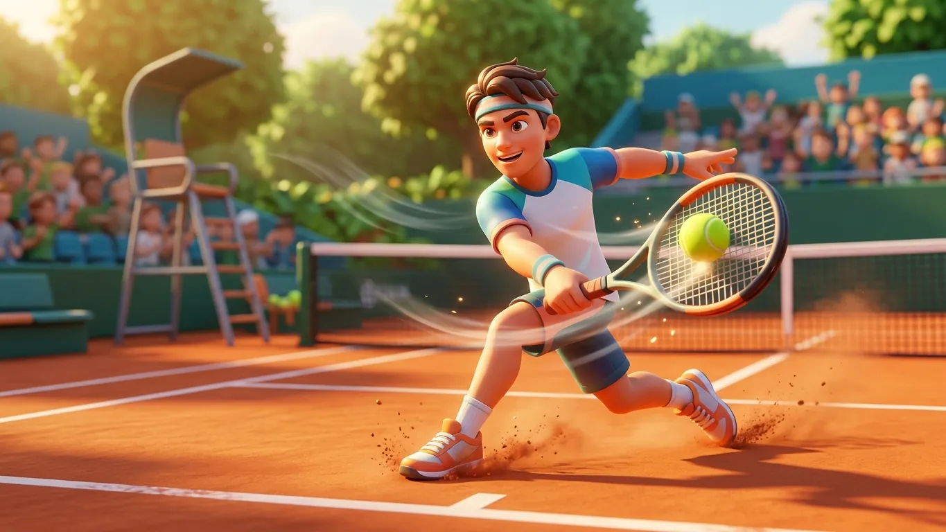 Stylized tennis player hitting a ball on a sunny clay court