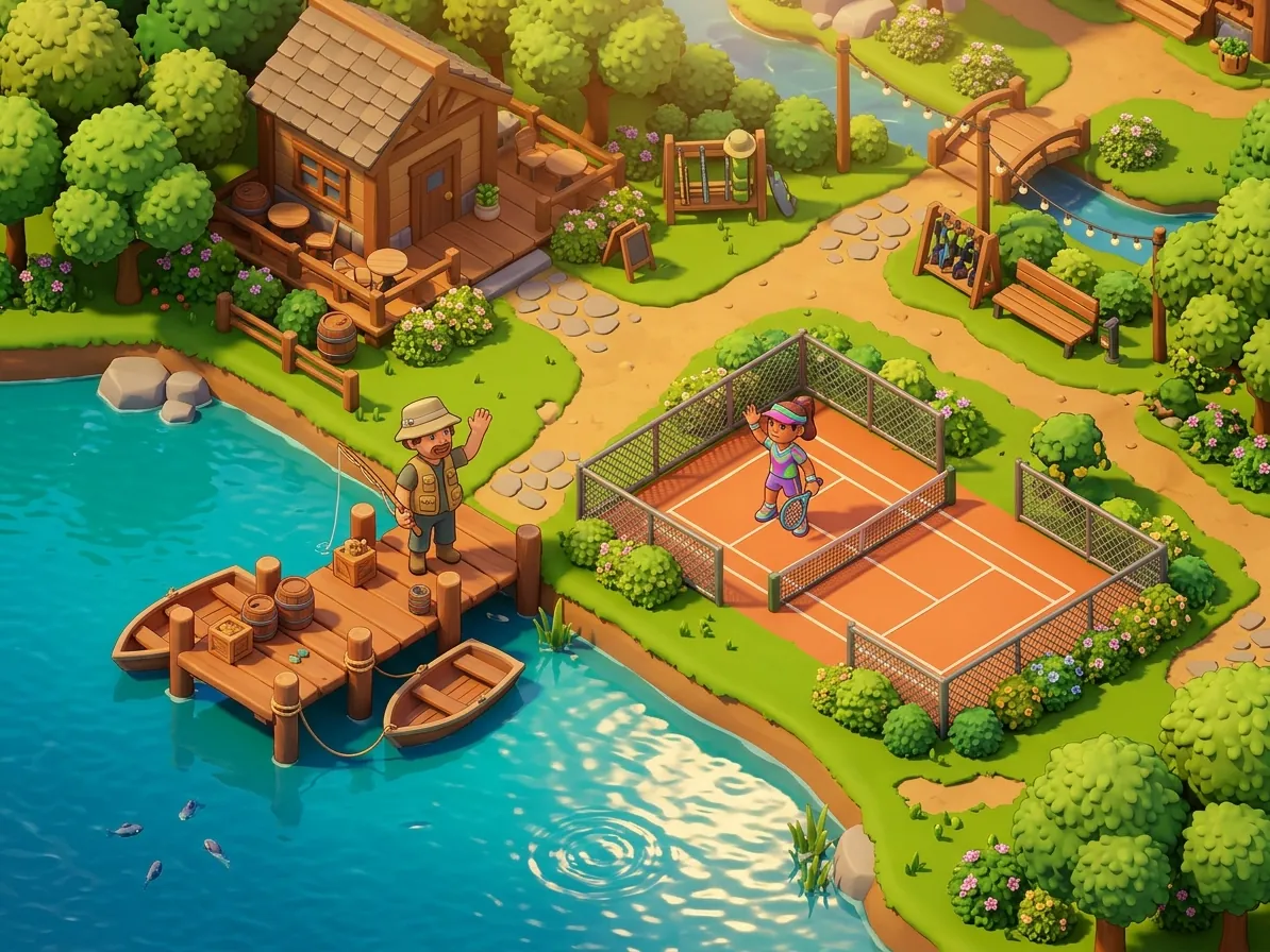Isometric game scene with a fishing pier and a small tennis court side by side