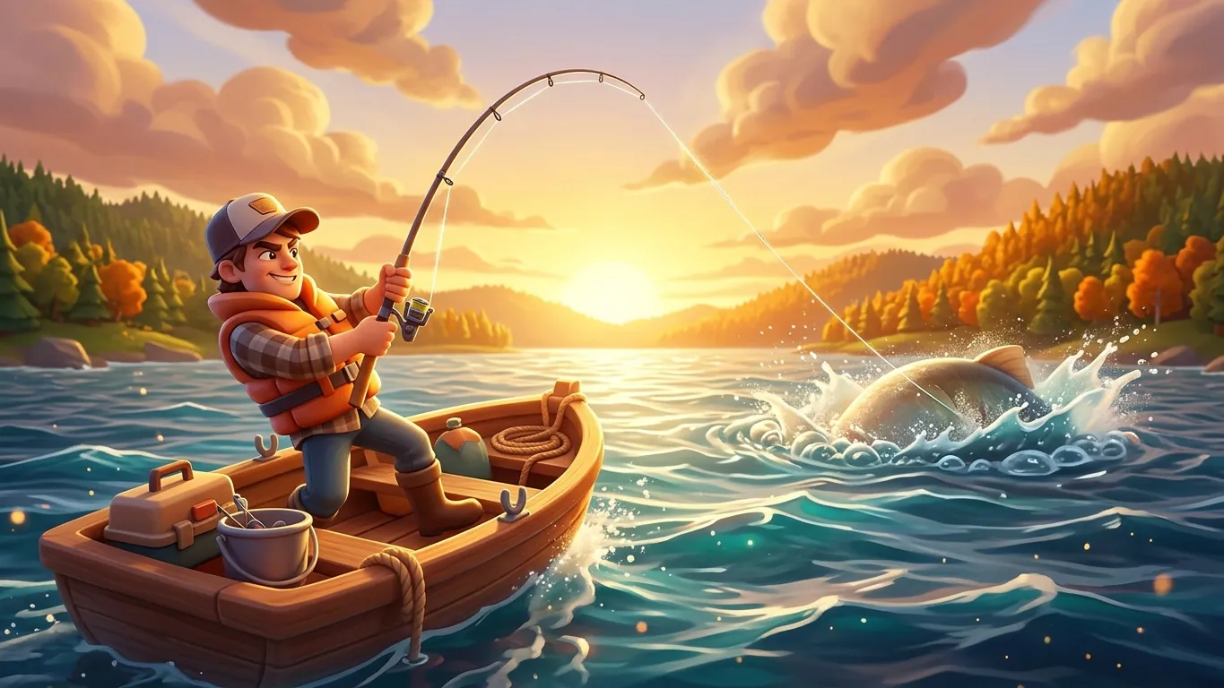 Angler on a boat with a bent rod fighting a large fish at sunset